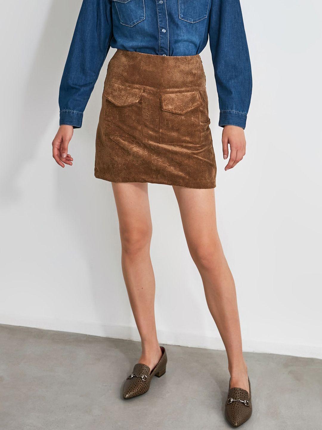 trendyol women brown solid corduroy a-line skirt