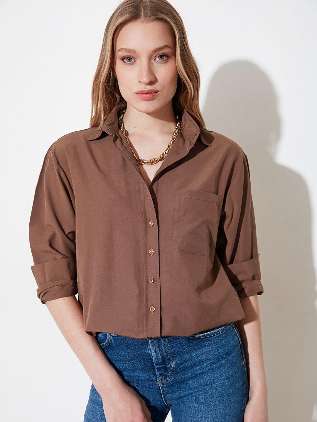 trendyol women brown spread collar casual shirt