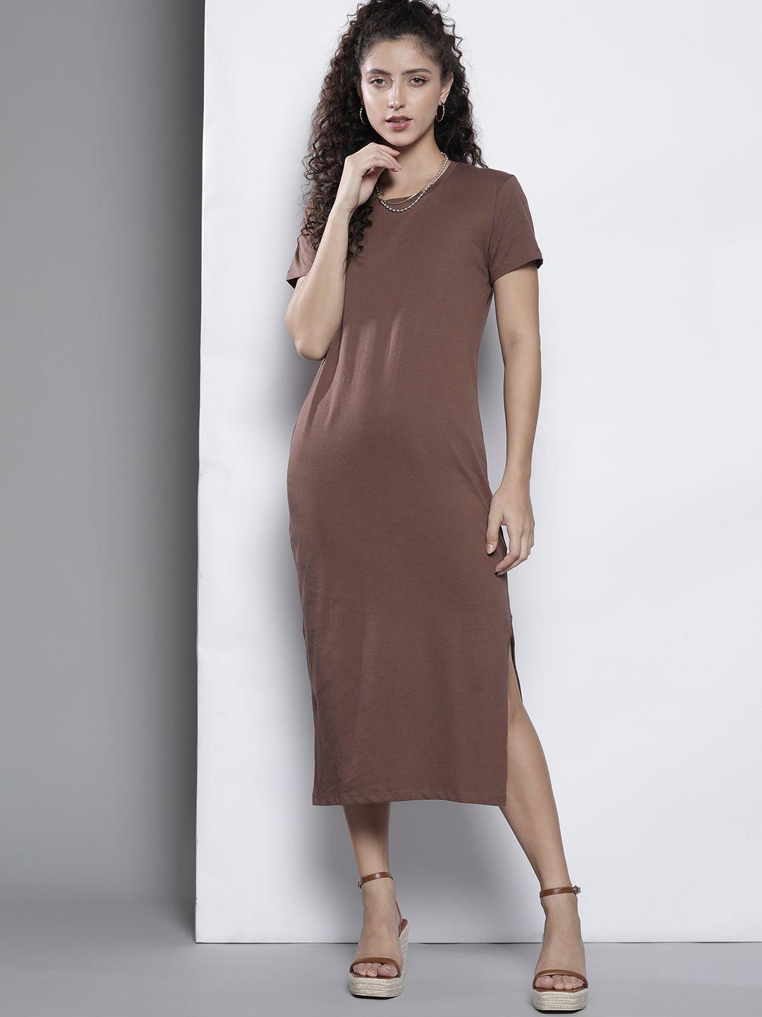 trendyol women brown t-shirt midi dress with side slit