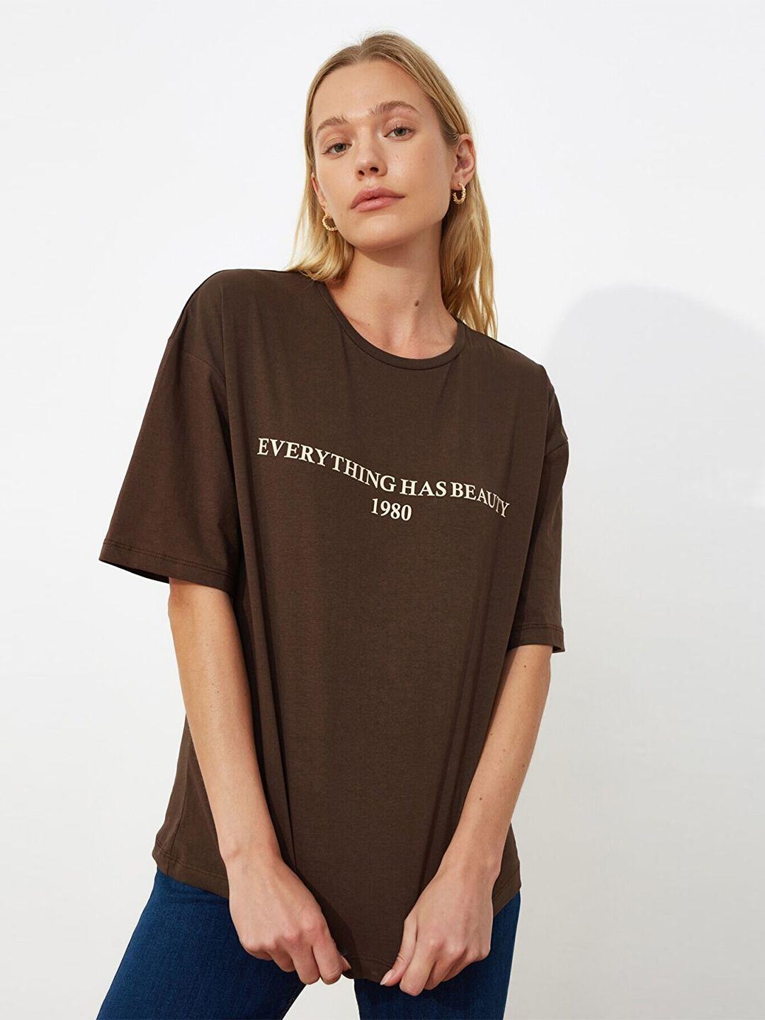 trendyol women brown typography printed t-shirt