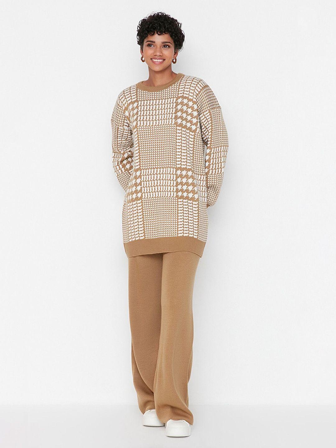 trendyol women camel brown & white checked night suit