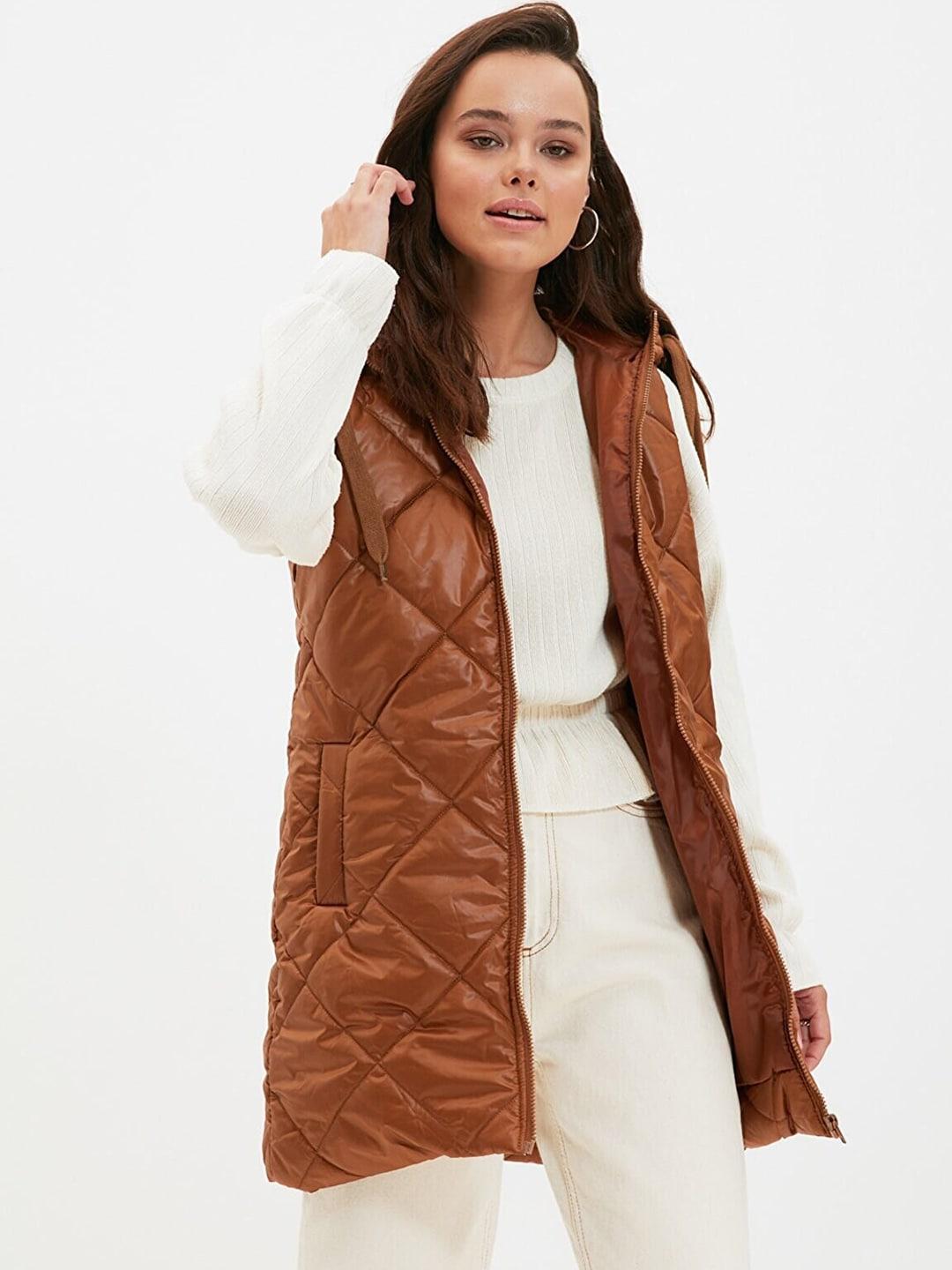 trendyol women camel brown longline padded jacket