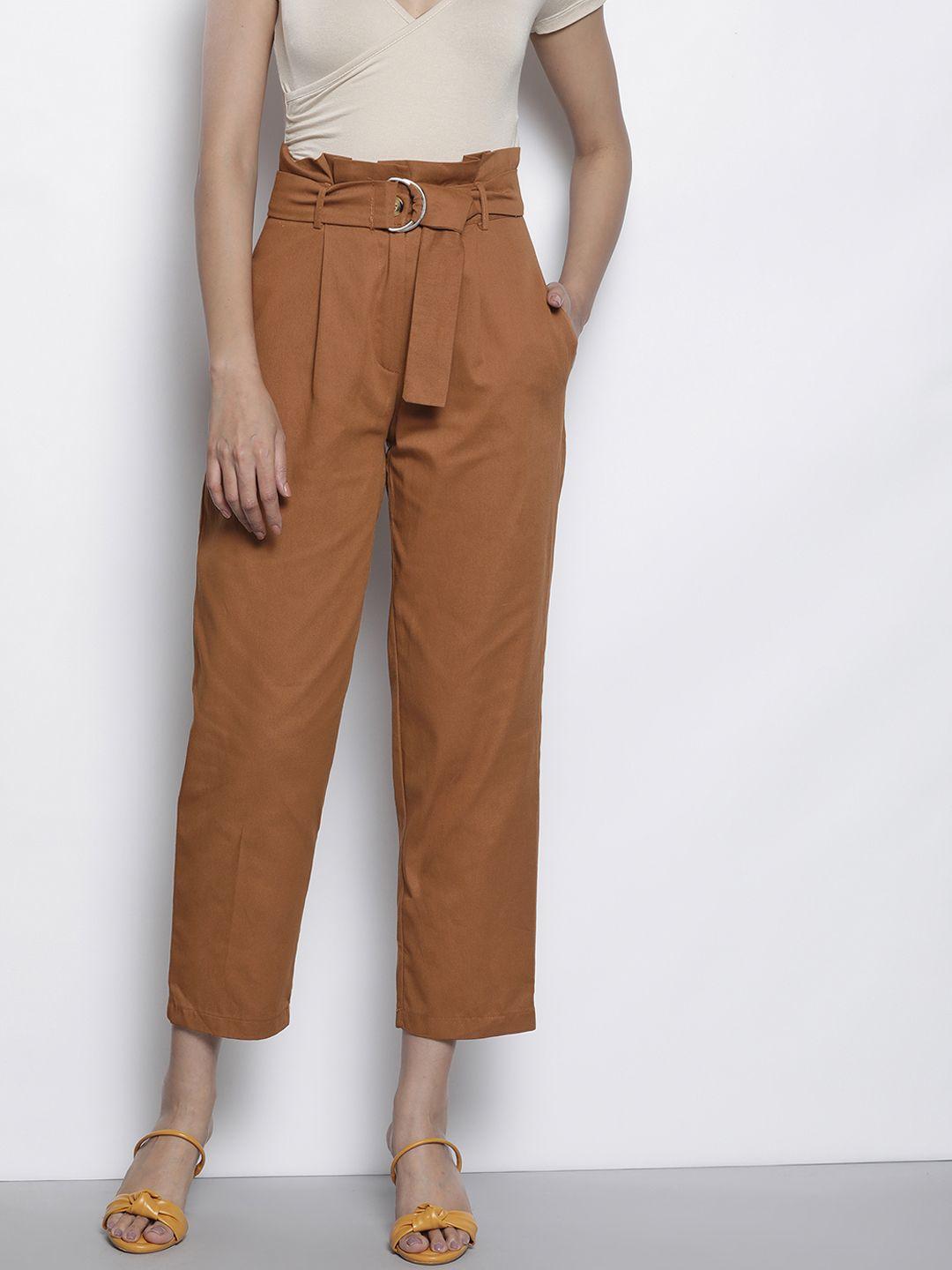 trendyol women camel brown pure cotton high-rise pleated carrot cut trousers
