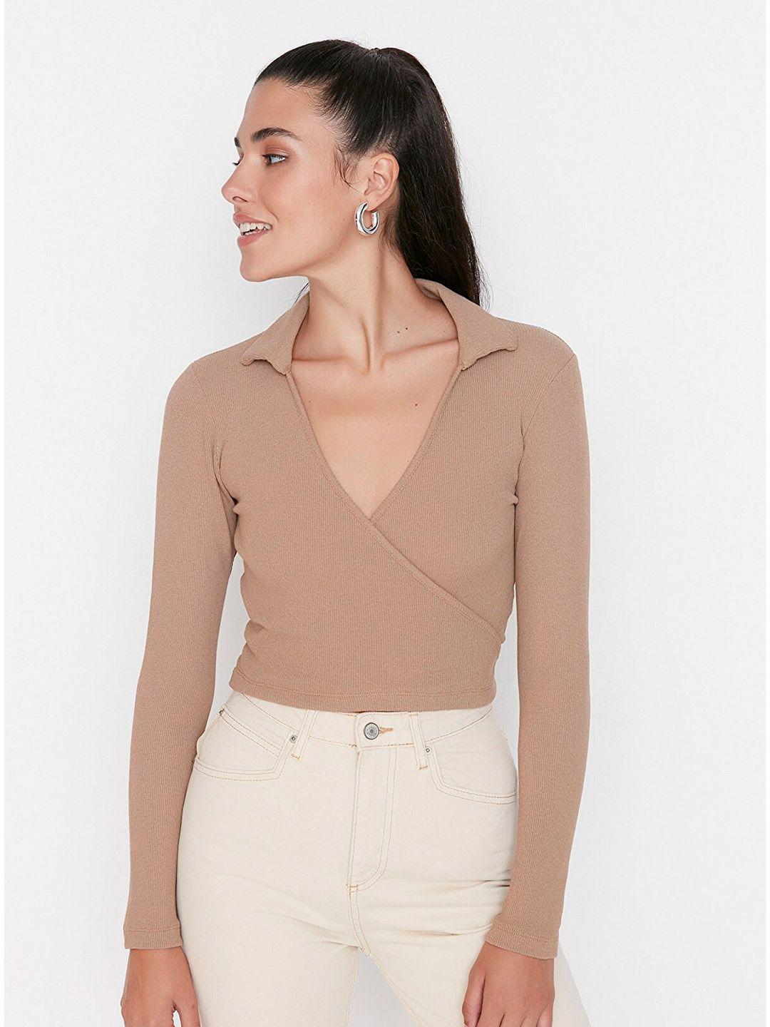 trendyol women camel brown wrap crop top