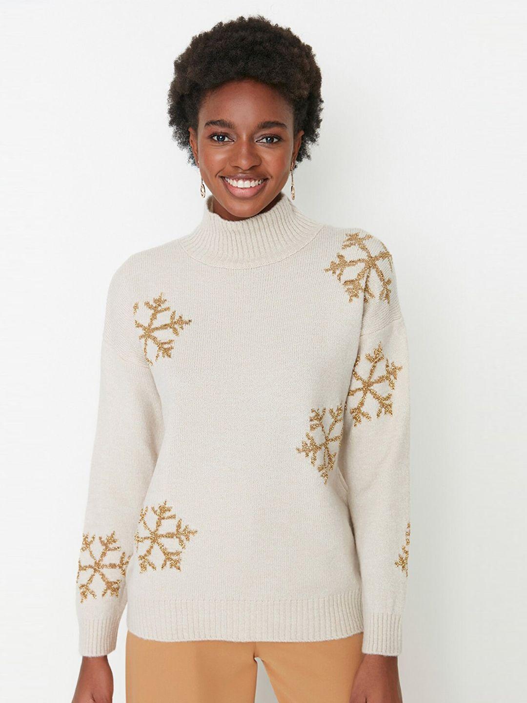 trendyol women cream-coloured & gold-toned printed pullover