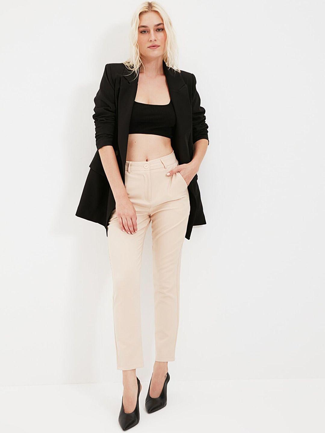 trendyol women cream-coloured slim fit trousers
