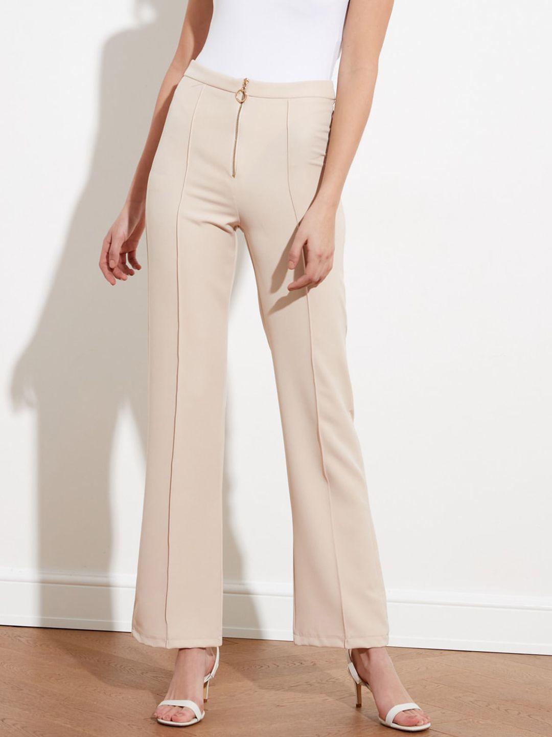 trendyol women cream-coloured solid regular trousers