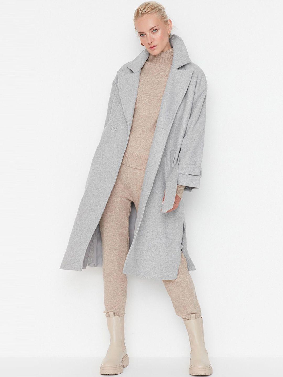 trendyol women double-breasted knee-length trench coat