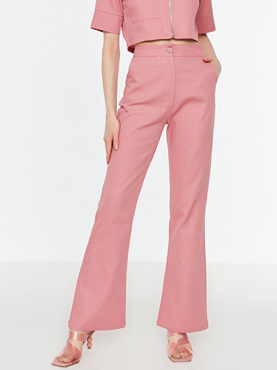 trendyol women dusty pink pure cotton solid high-rise trousers