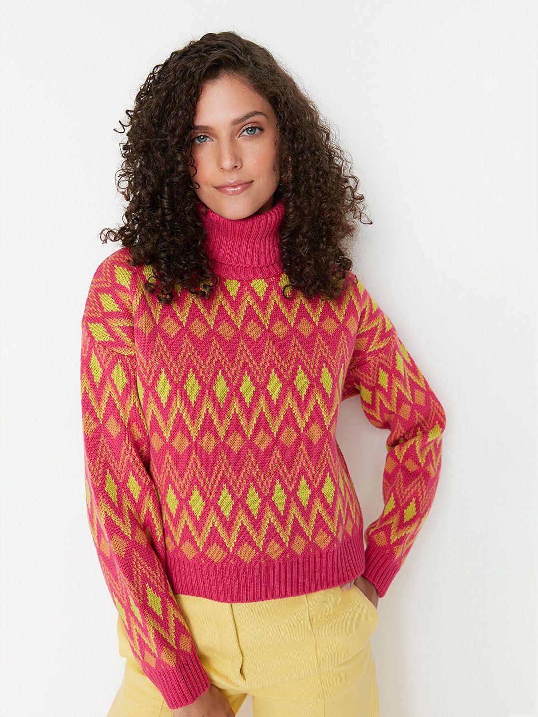 trendyol women fuchsia & yellow printed pure acrylic  pullover sweater