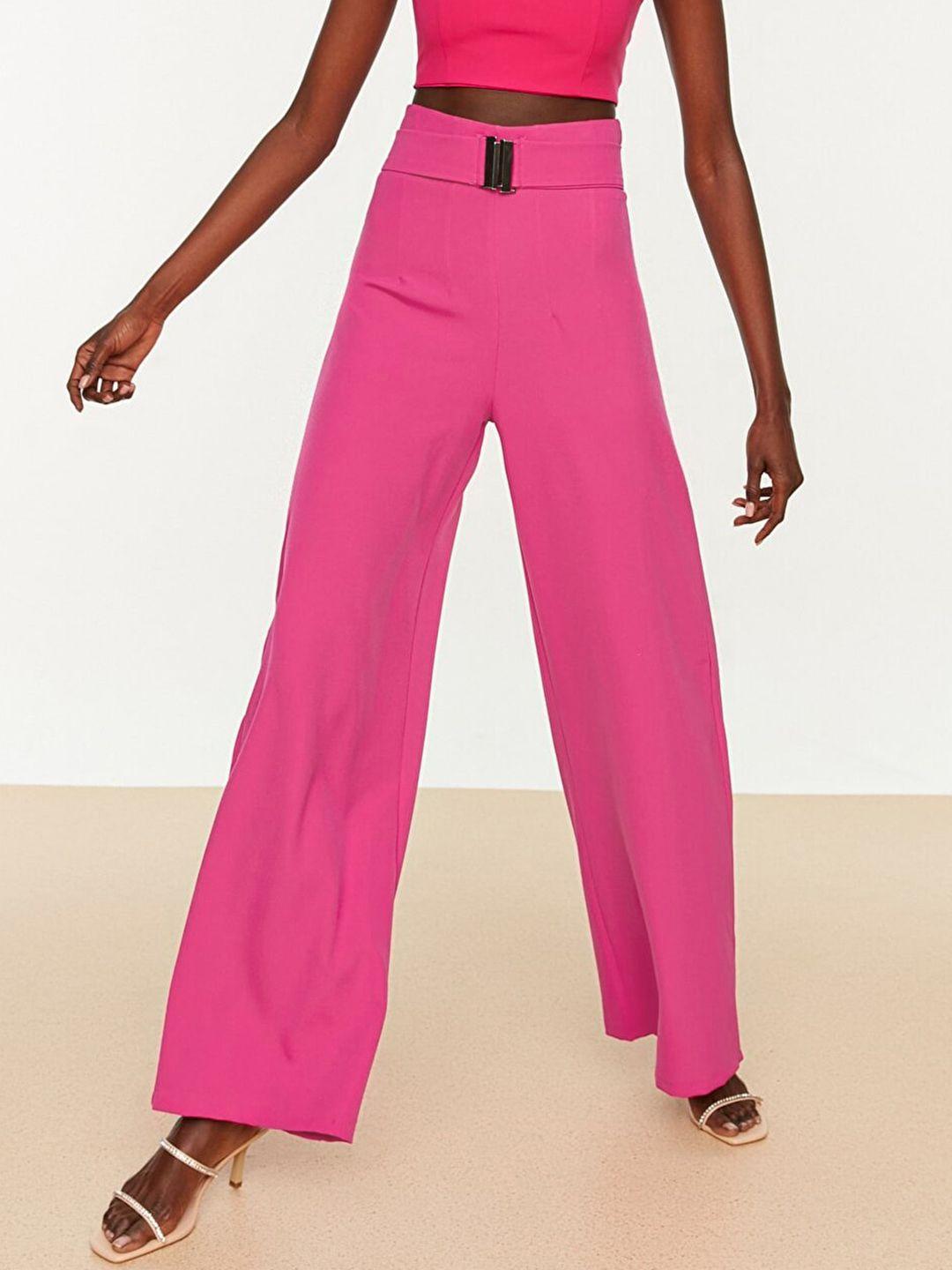 trendyol women fuchsia pink solid wide leg parallel trousers with belt applique