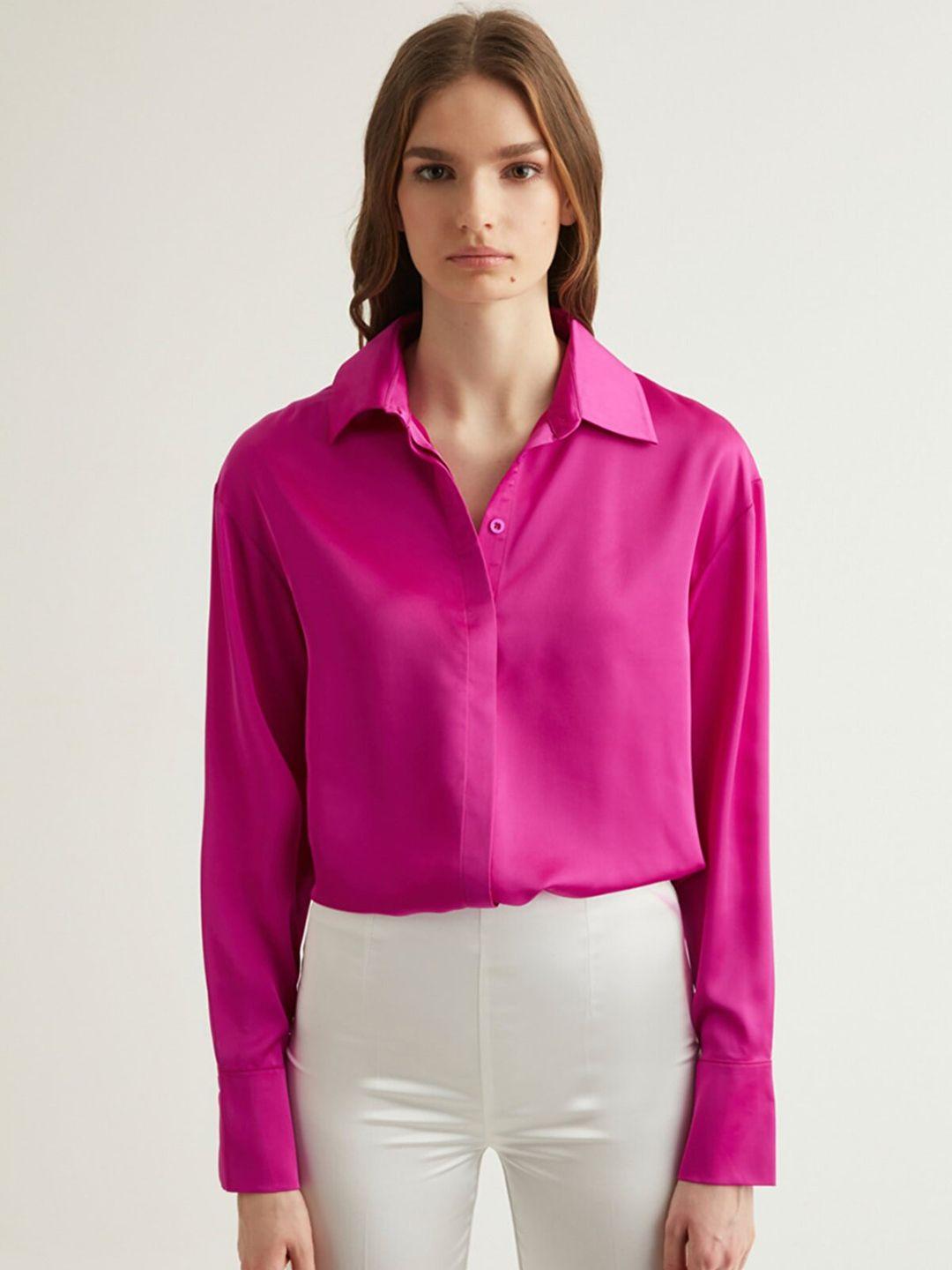 trendyol women fuchsia satin casual shirt