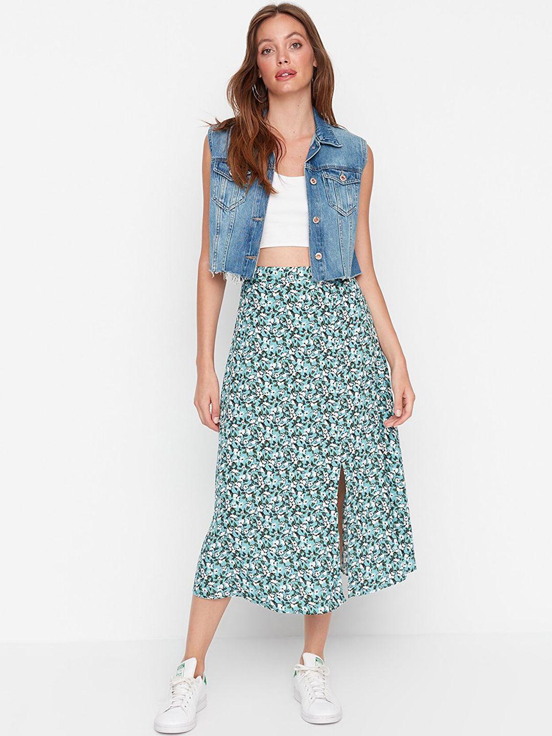 trendyol women green & white floral printed a-line midi skirt