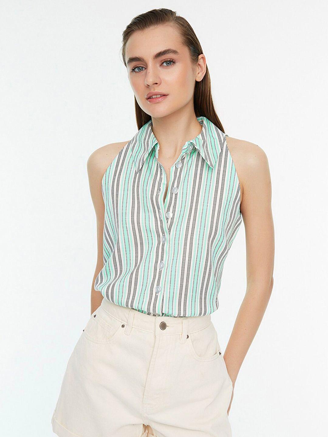 trendyol women green & white striped casual shirt