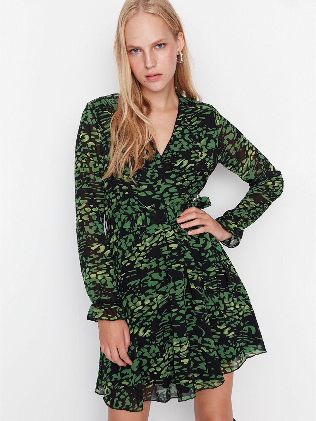 trendyol women green floral printed wrap dress