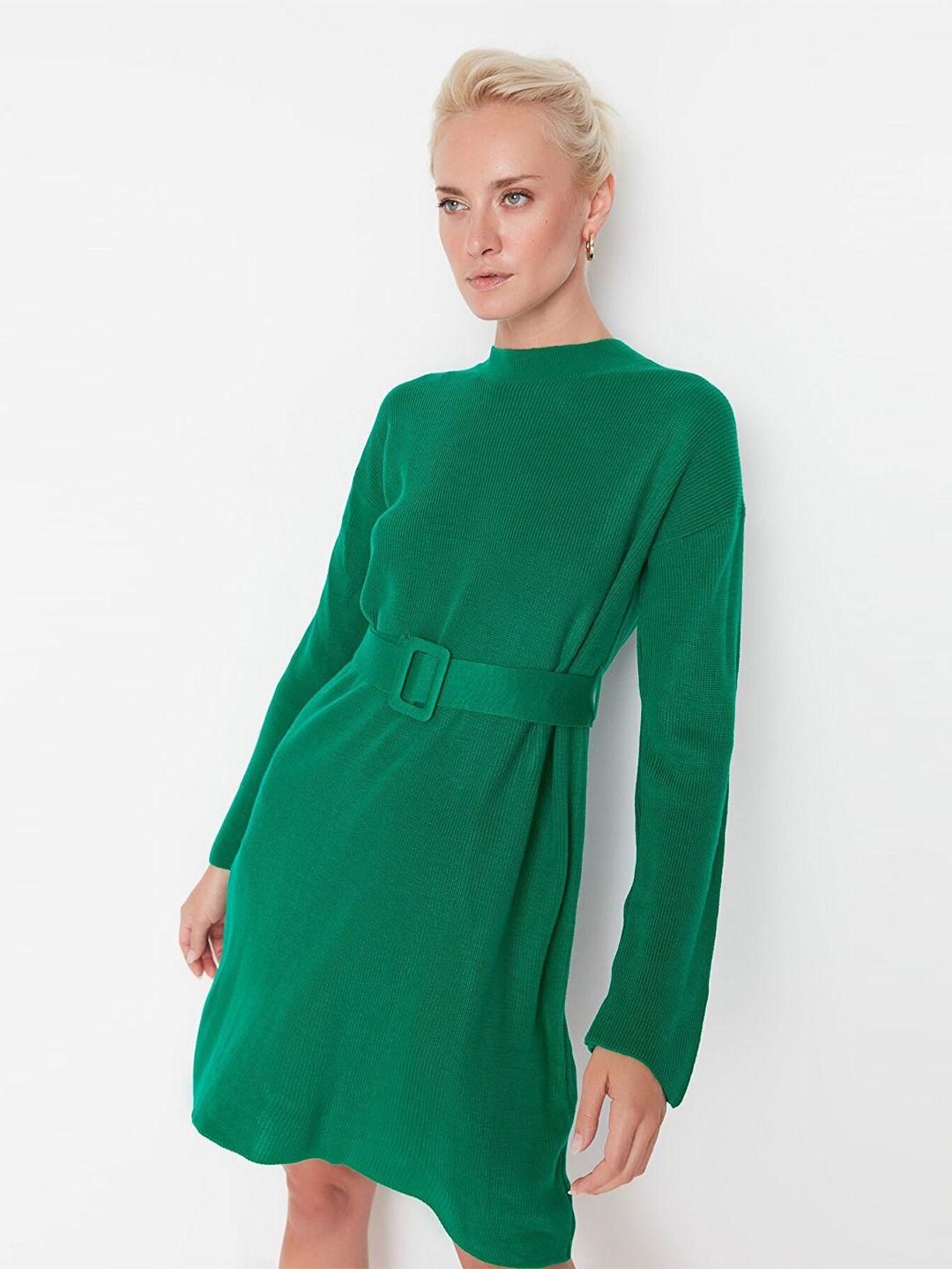 trendyol women green solid high neck acrylic a-line dress