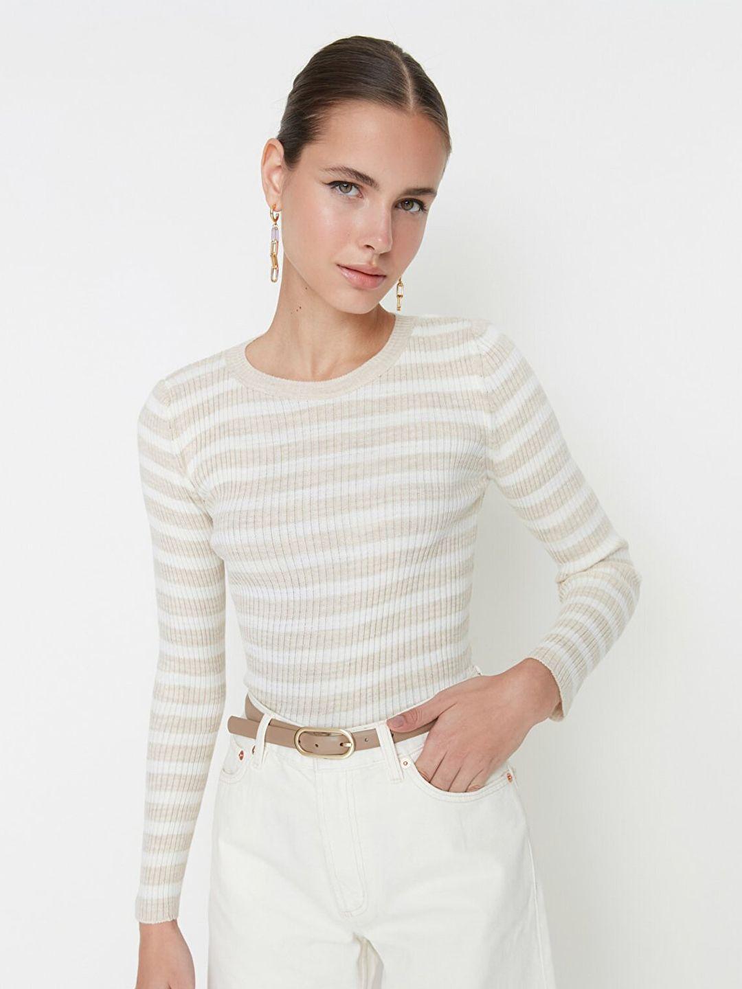 trendyol women grey & off white striped sweater