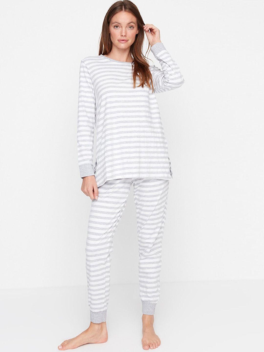 trendyol women grey & white cotton striped night suit 92989839