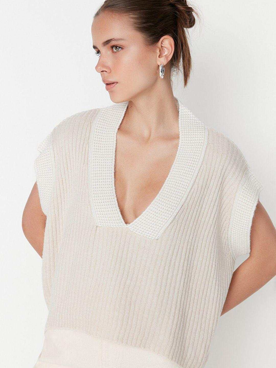 trendyol women grey & white ribbed crop sweater vest