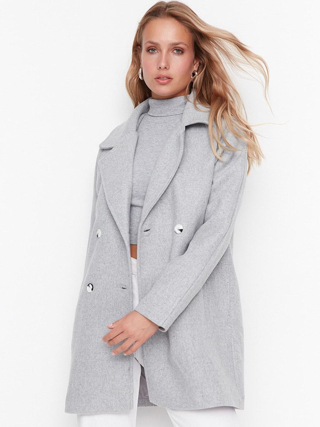 trendyol women grey solid double-breasted trench coat
