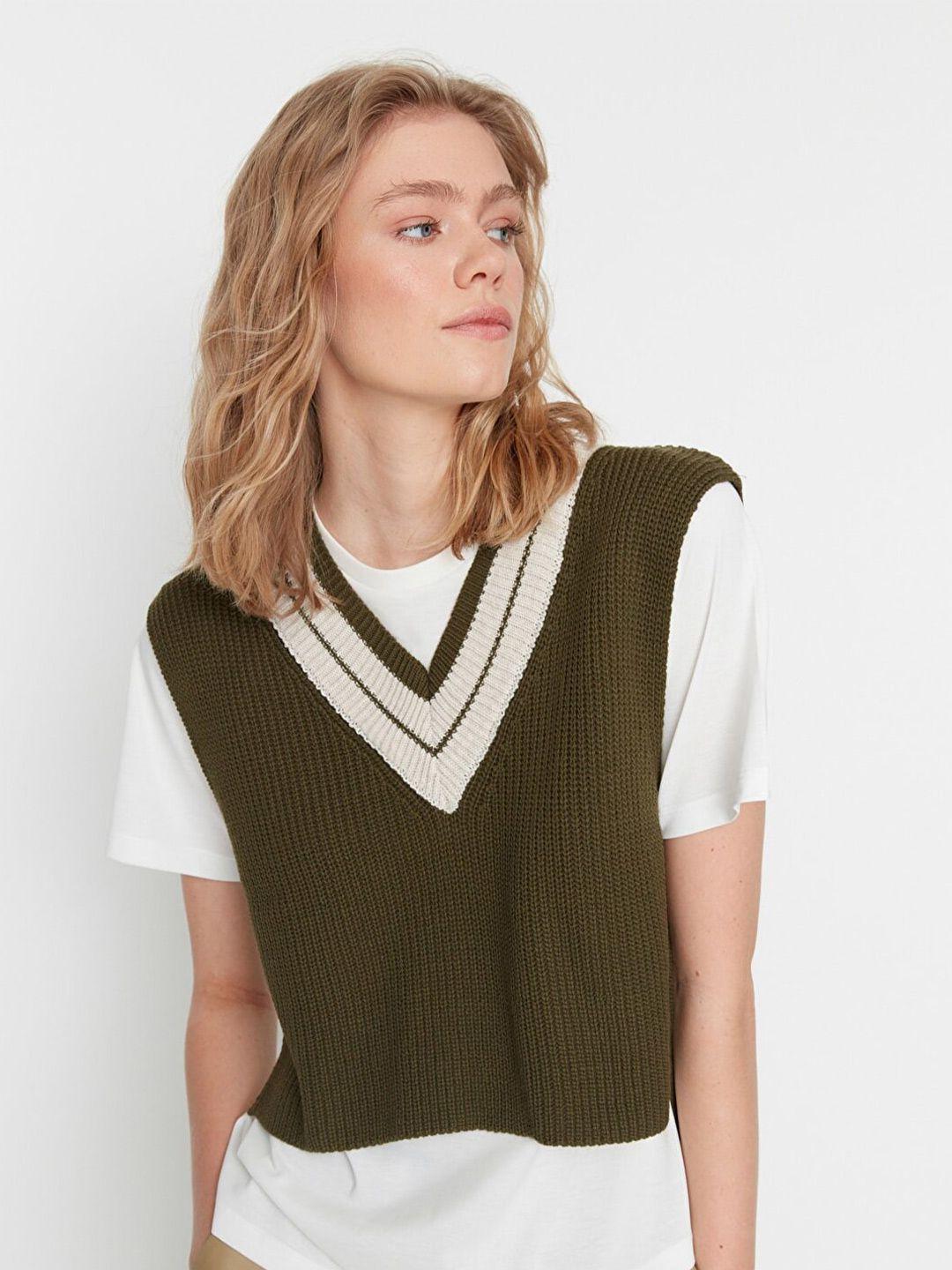 trendyol women khaki & white sweater vest