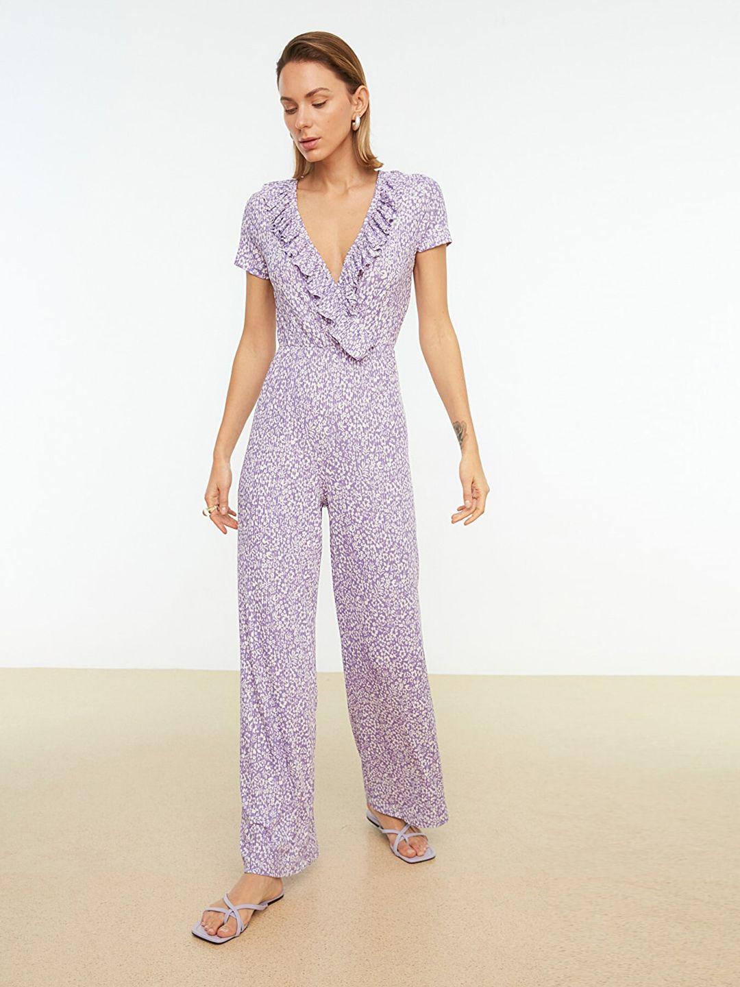 trendyol women lavender & white floral print basic jumpsuit with ruffles