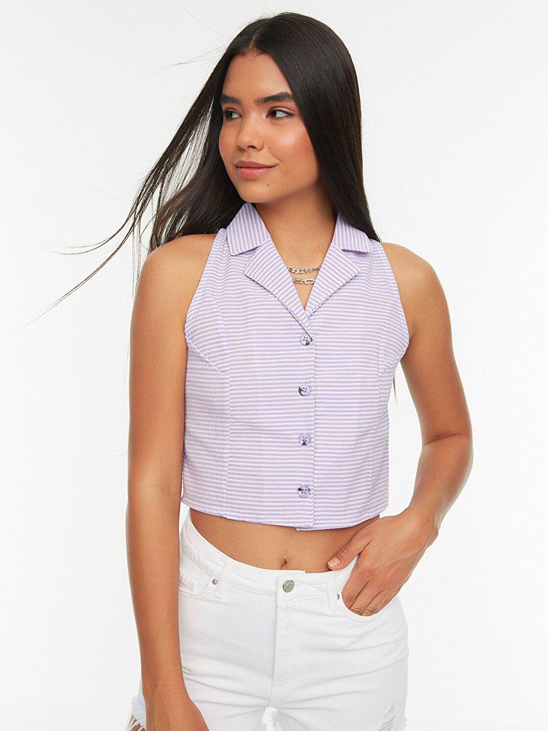 trendyol women lavender horizontal stripes cuban collar cropped casual shirt