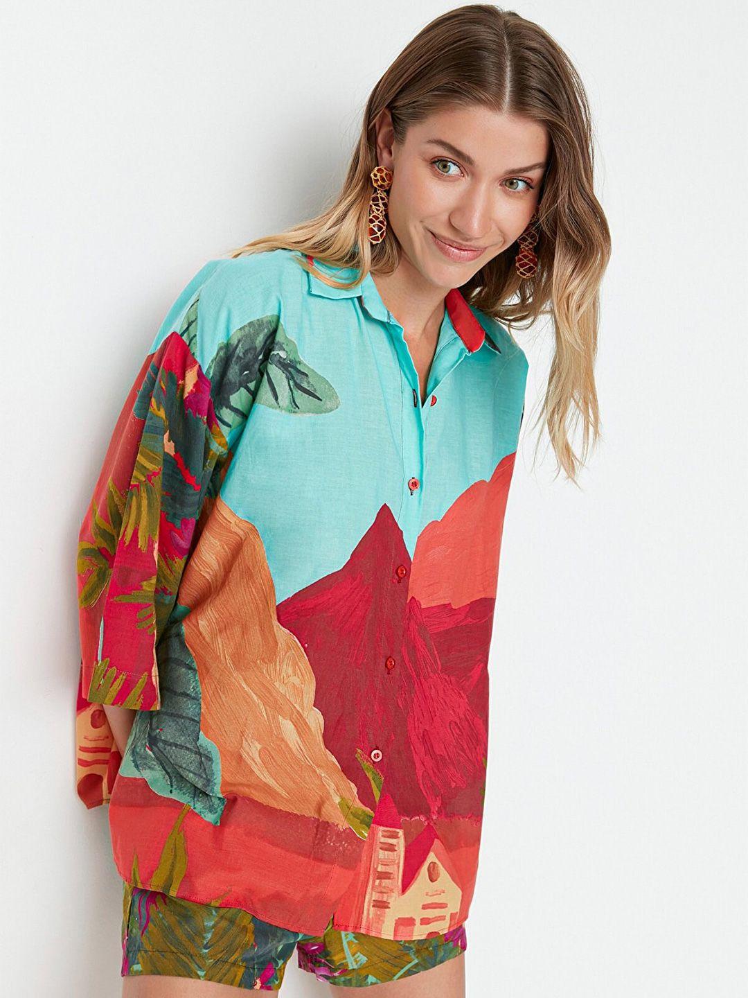 trendyol women multicoloured printed pure cotton shirt with shorts co-ords set