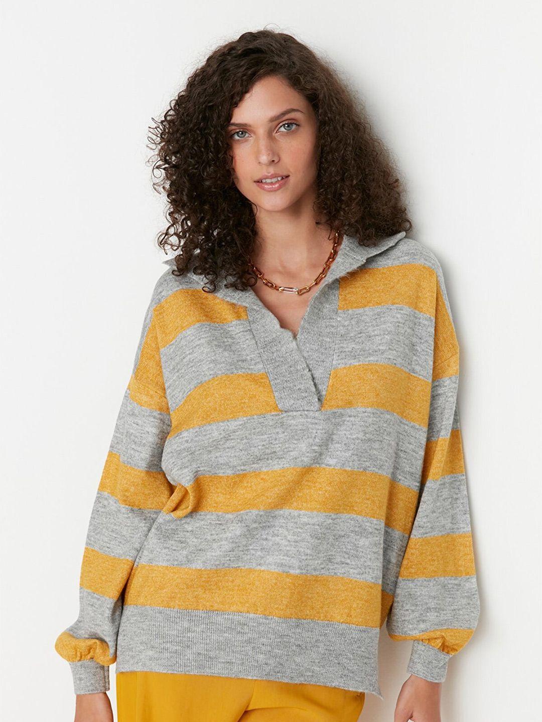 trendyol women mustard & grey striped pullover sweater