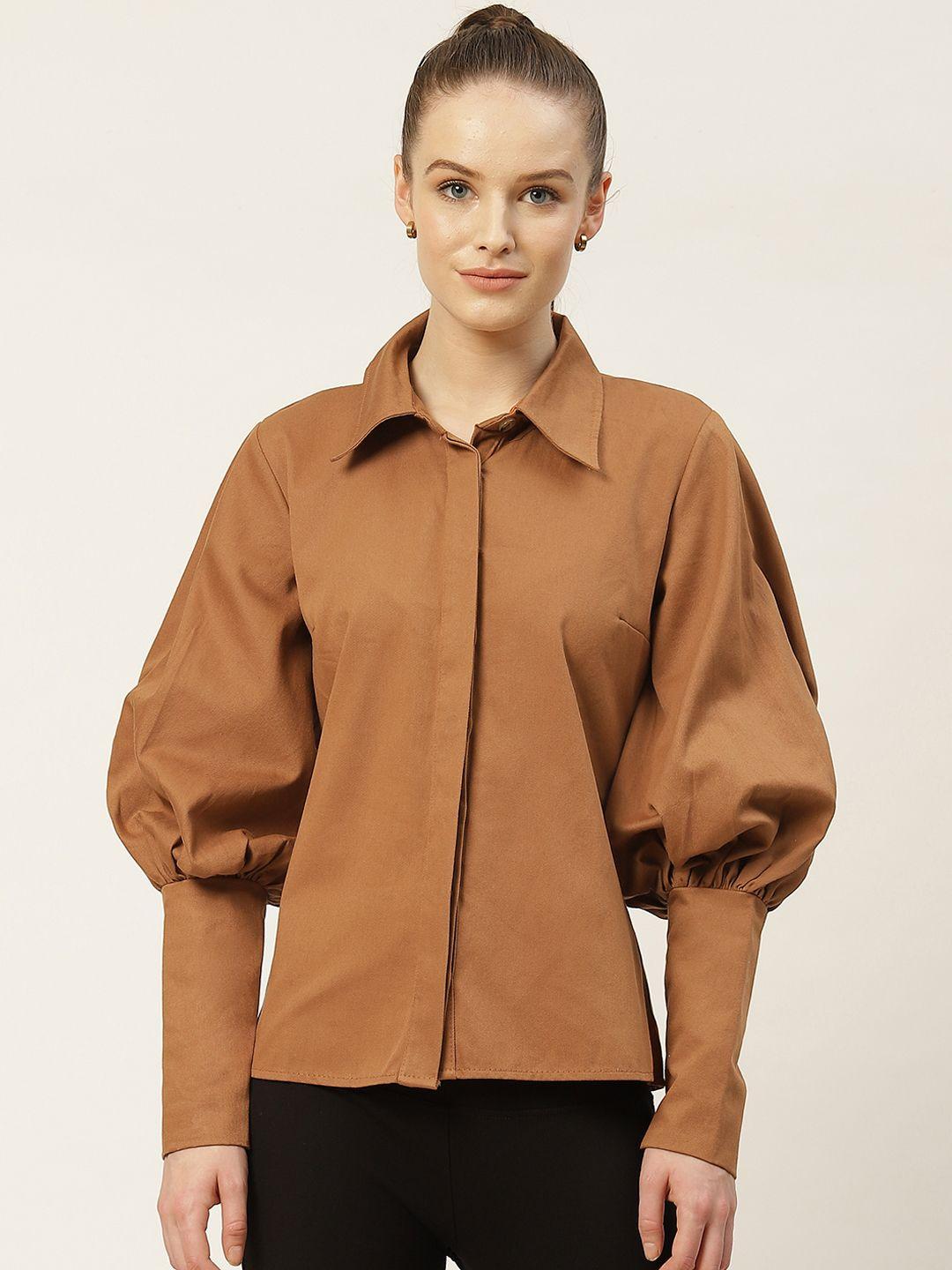 trendyol women mustard brown regular fit solid casual shirt