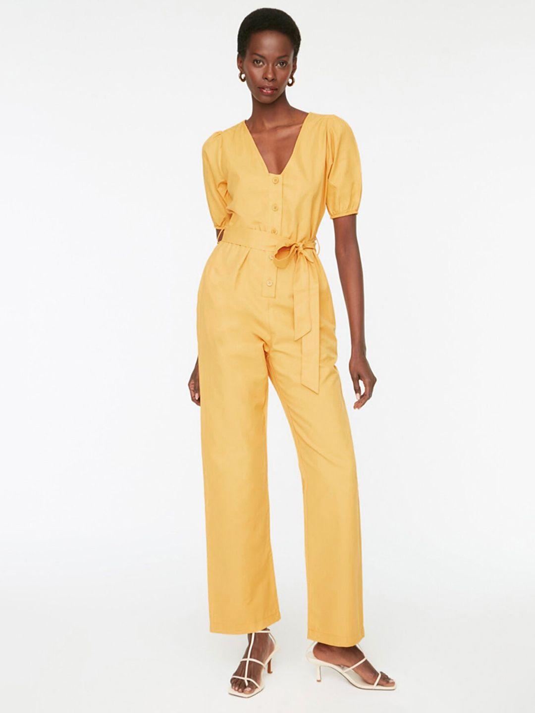 trendyol women mustard yellow solid basic jumpsuit with belt