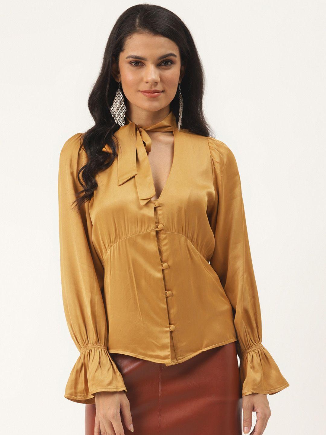 trendyol women mustard yellow solid tie-up neck empire top