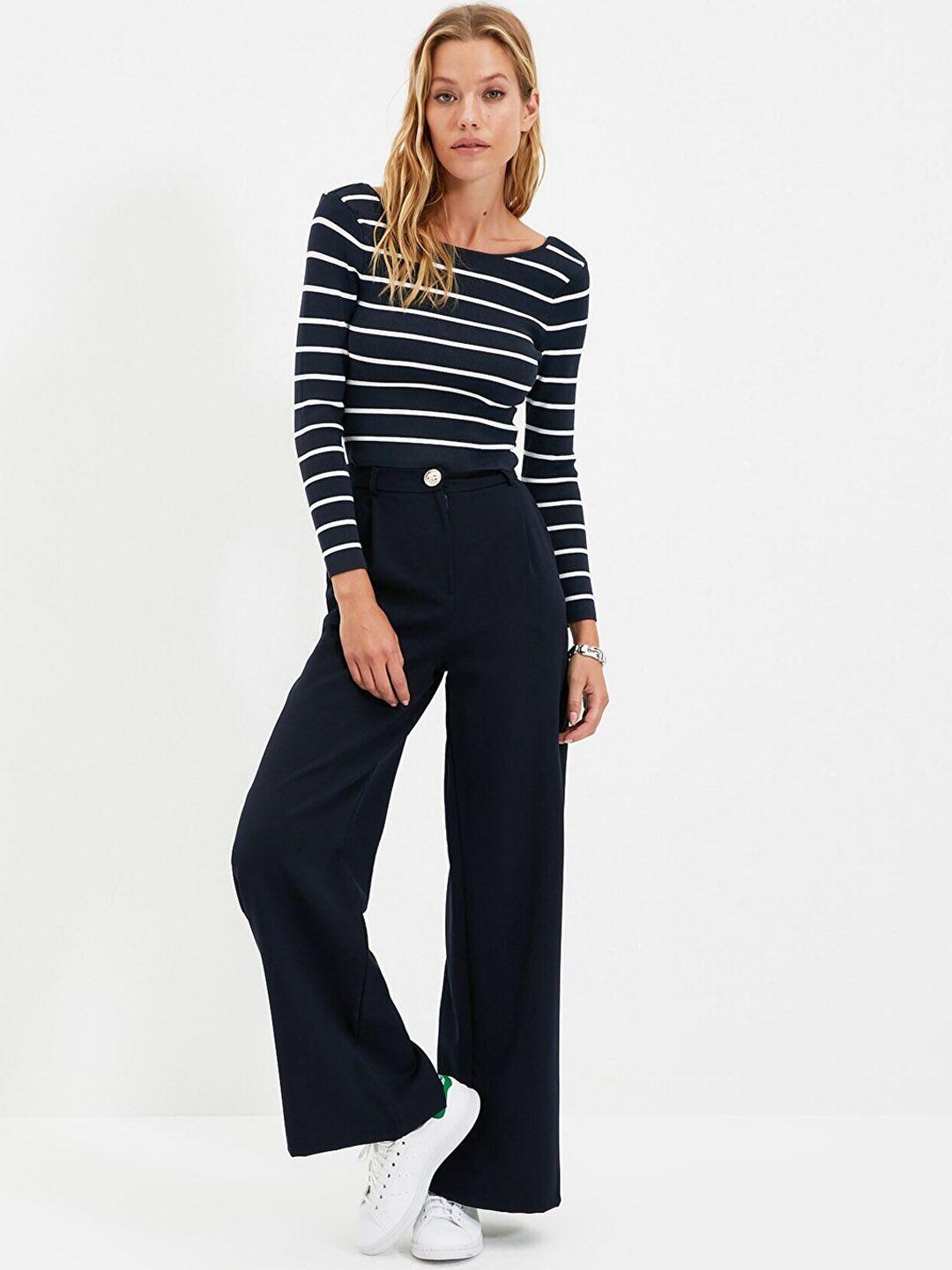 trendyol women navy blue regular fit pleated parallel trousers