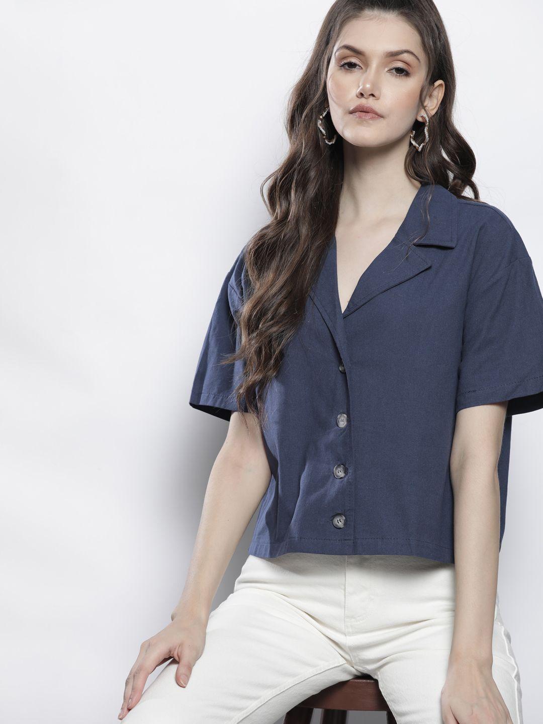 trendyol women navy blue solid casual pure cotton shirt