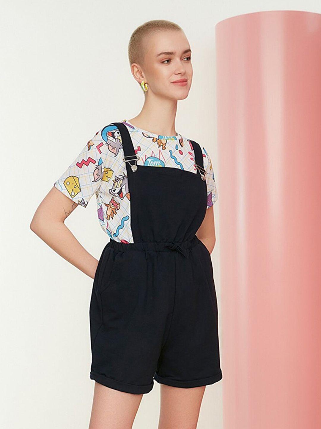 trendyol women navy blue solid dungarees with t-shirt