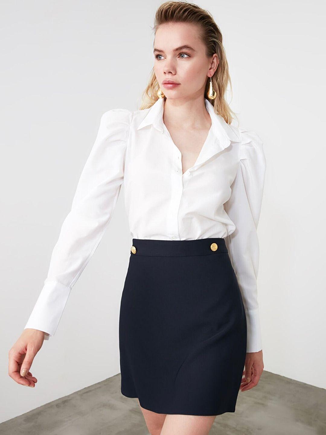 trendyol women navy blue solid straight pencil skirt