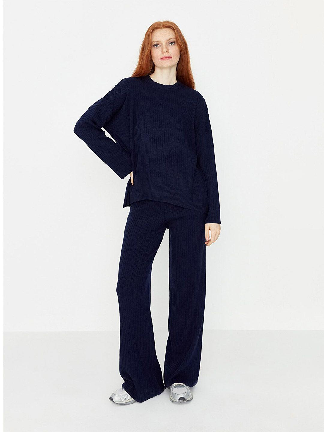 trendyol women navy blue t-shirt with trousers co-ords set
