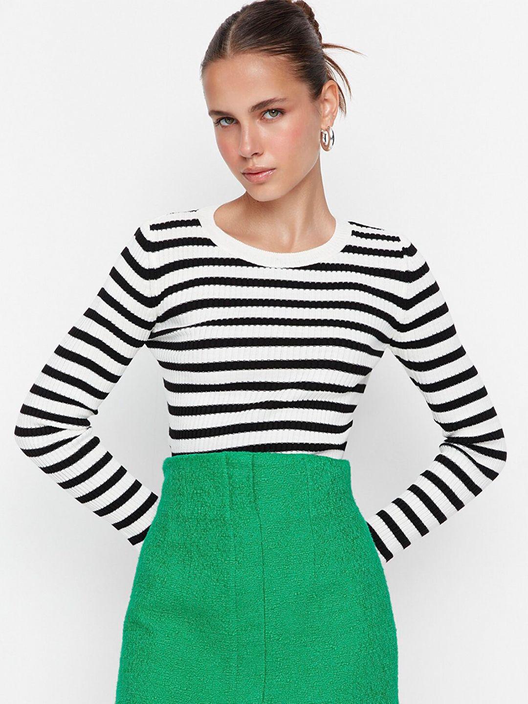 trendyol women off white & black striped acrylic pullover