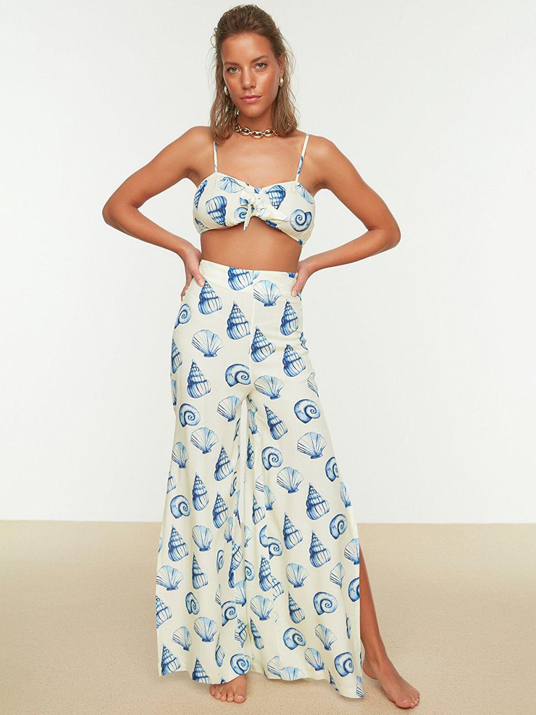 trendyol women off-white & blue conversational printed co-ords set