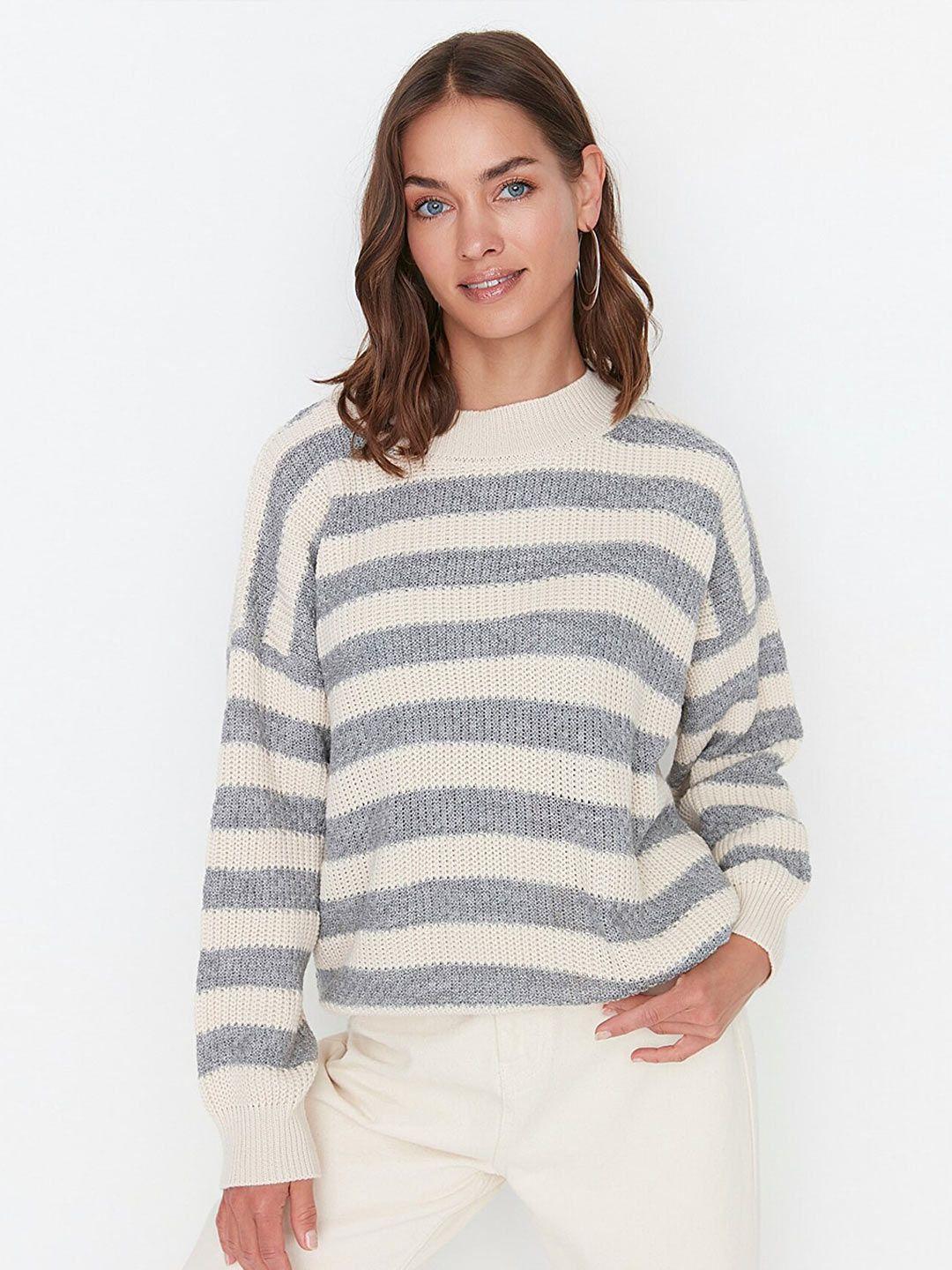 trendyol women off white & grey striped pullover