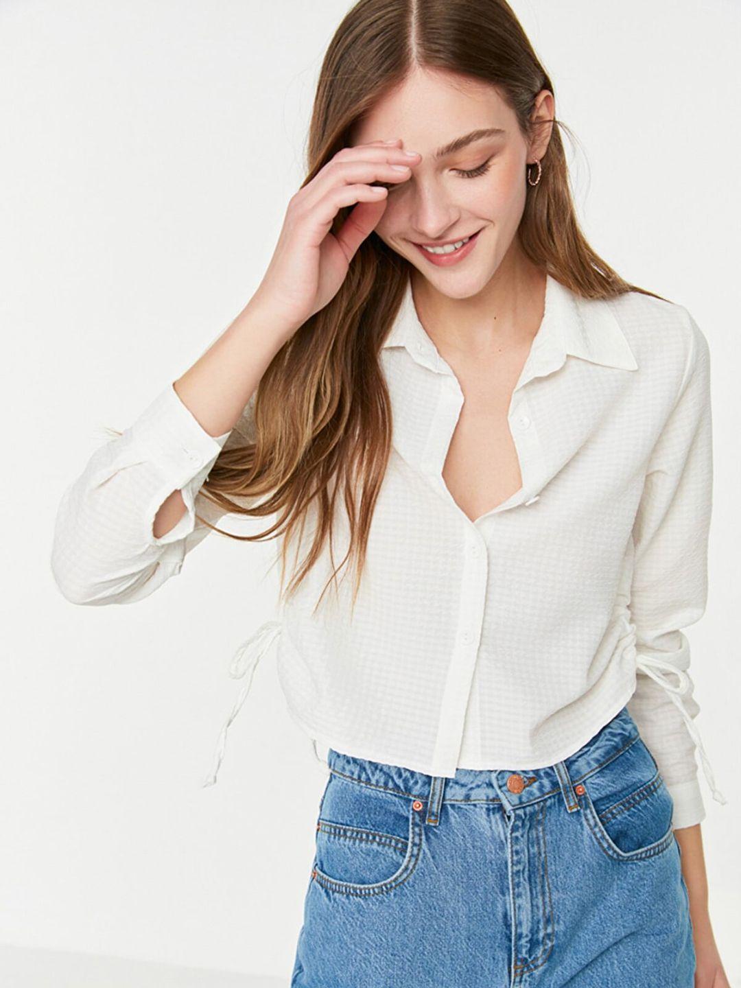 trendyol women off white ruched casual shirt