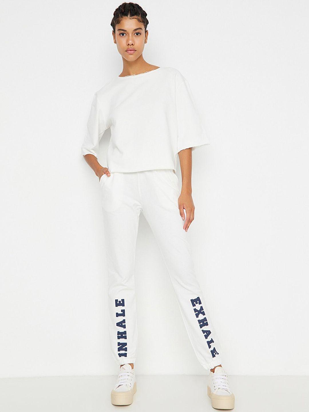trendyol women off white typography print solid regular fit casual jogger