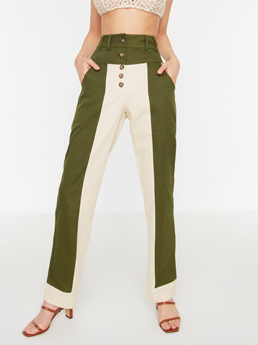 trendyol women olive green & beige colourblocked side striped high-rise cotton trousers