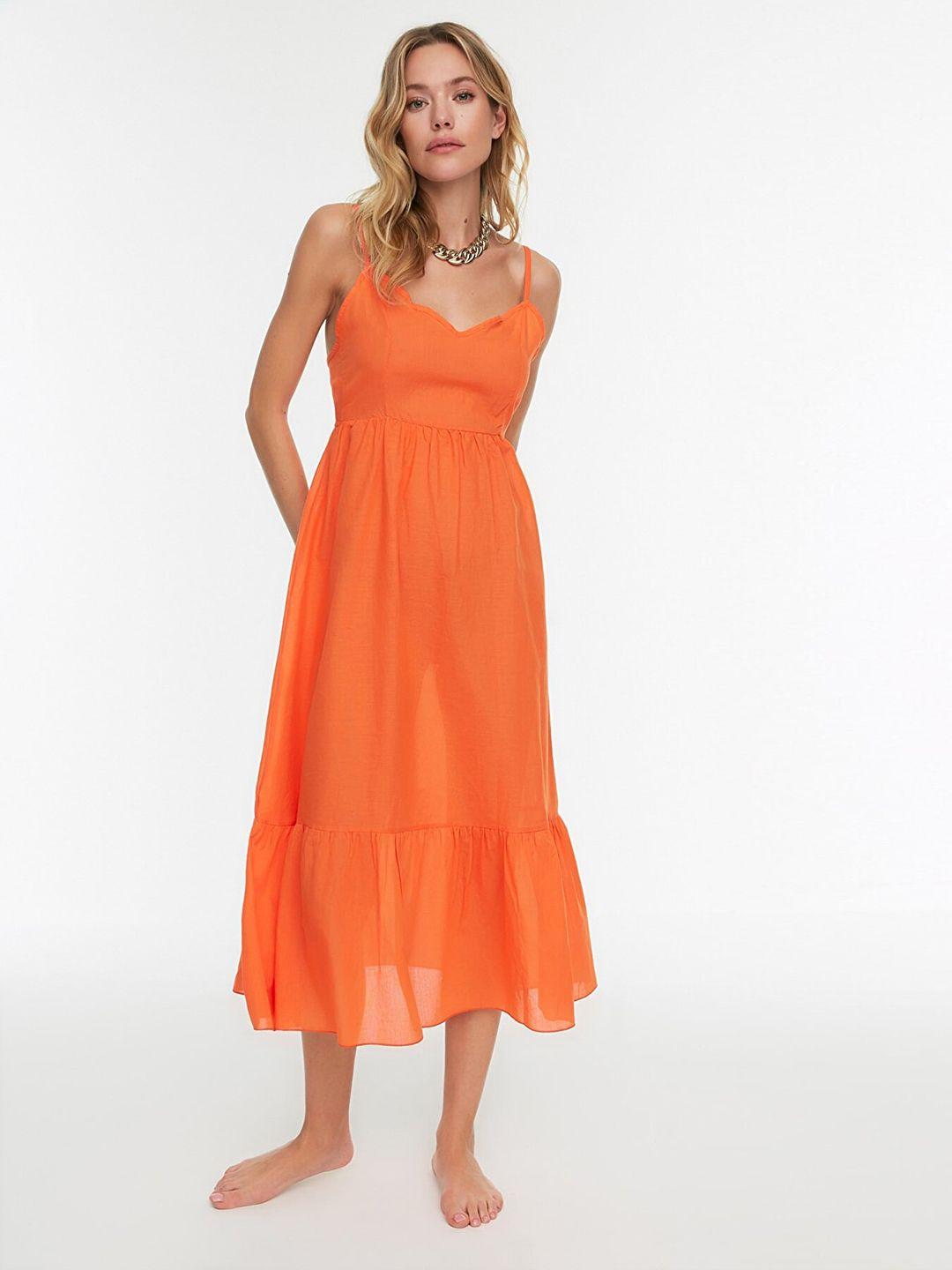 trendyol women orange solid pure cotton a-line midi dress