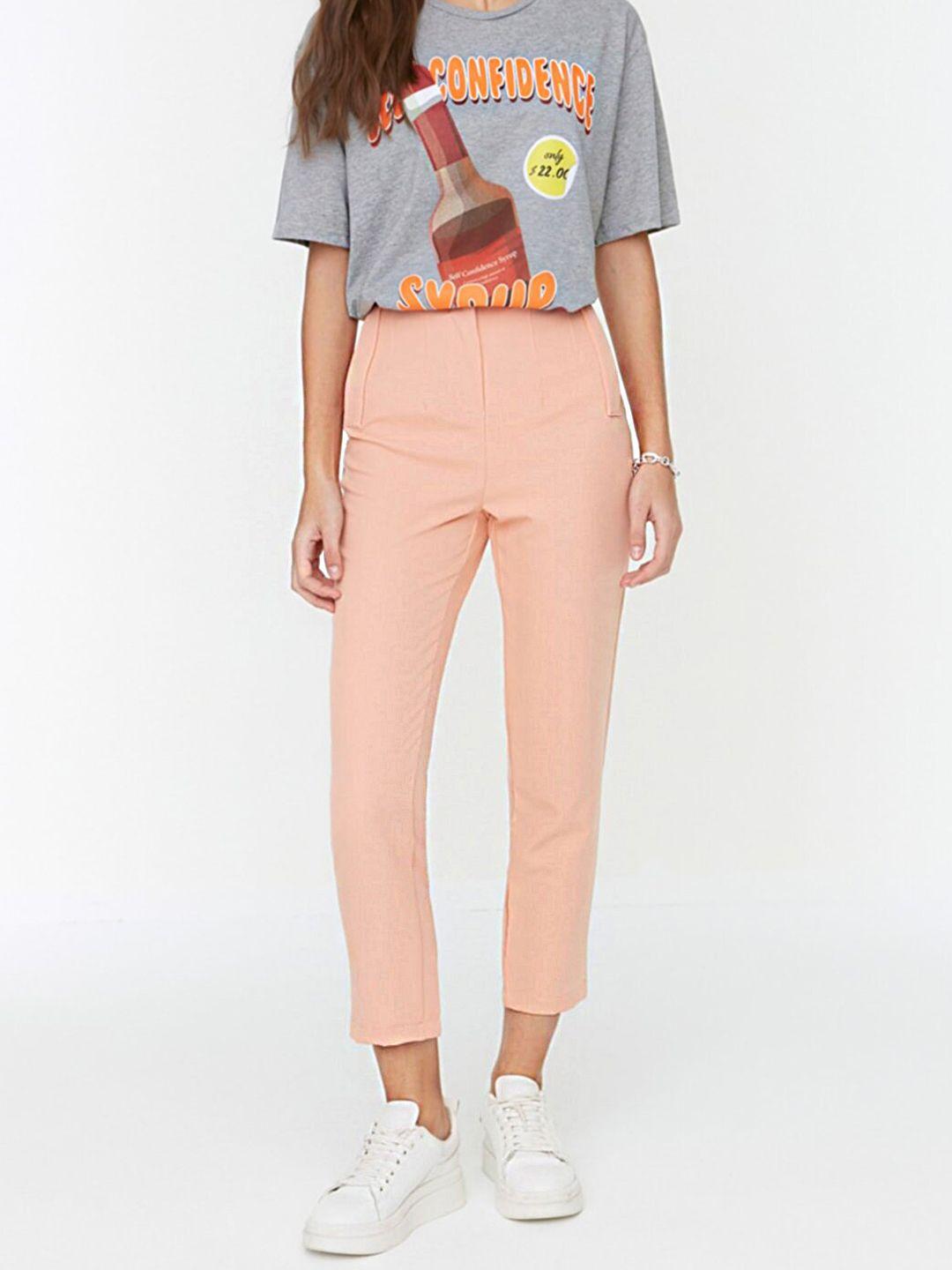 trendyol women peach-coloured slim fit high-rise cropped trousers