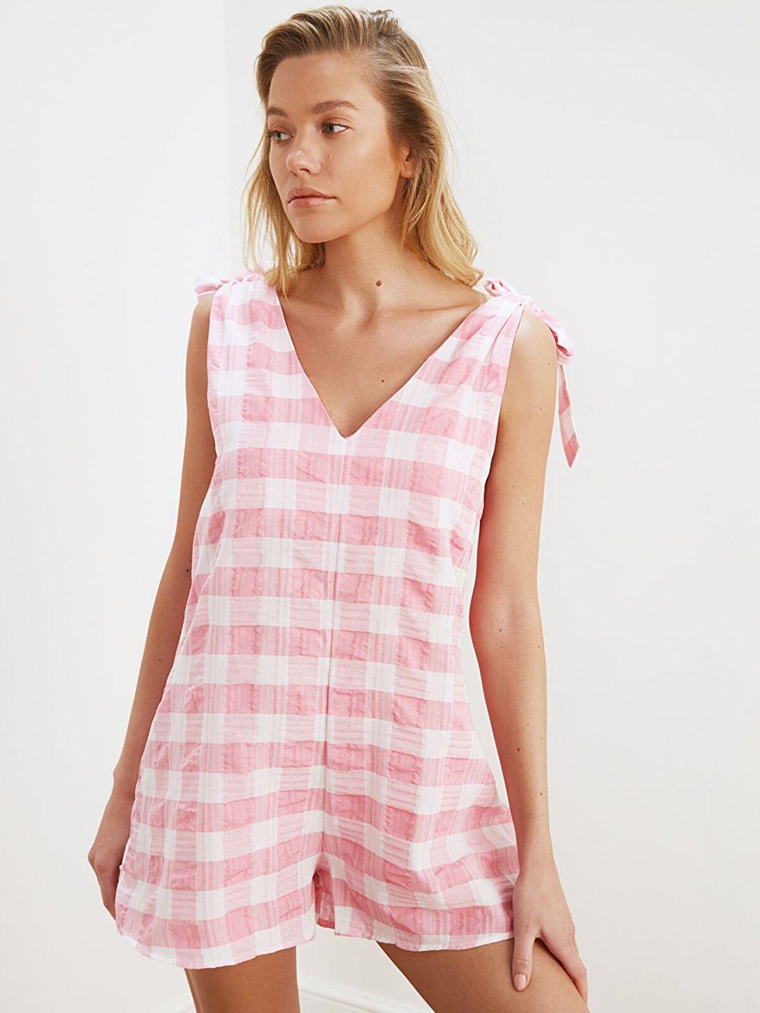 trendyol women pink & white plaid checked basic jumpsuit