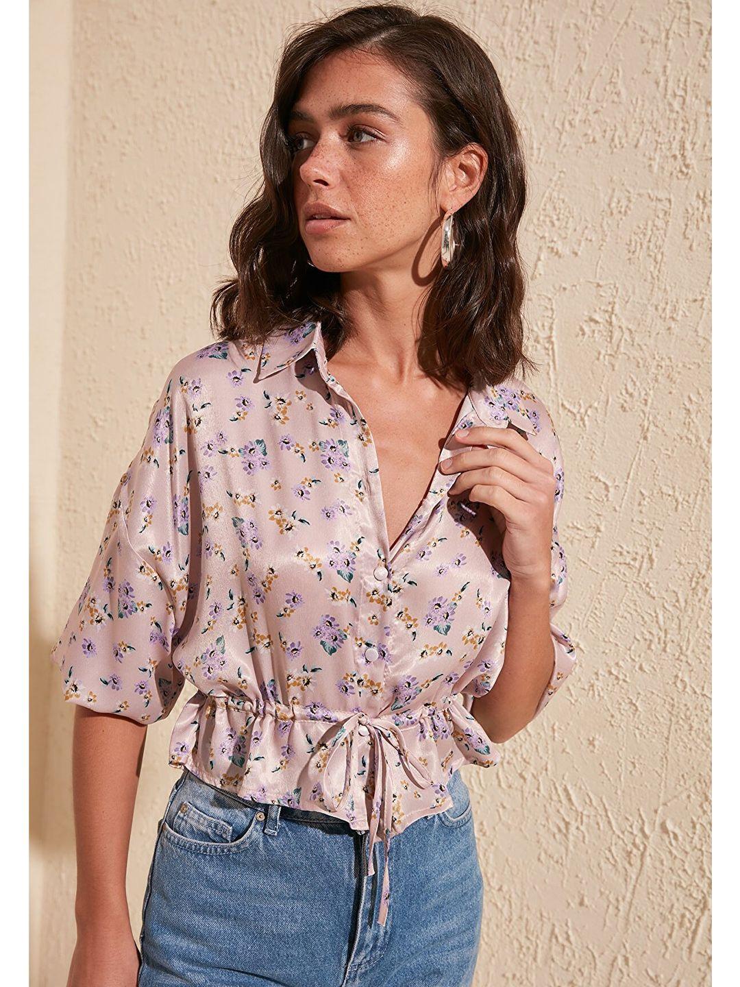 trendyol women pink floral print extended sleeves shirt style crop top