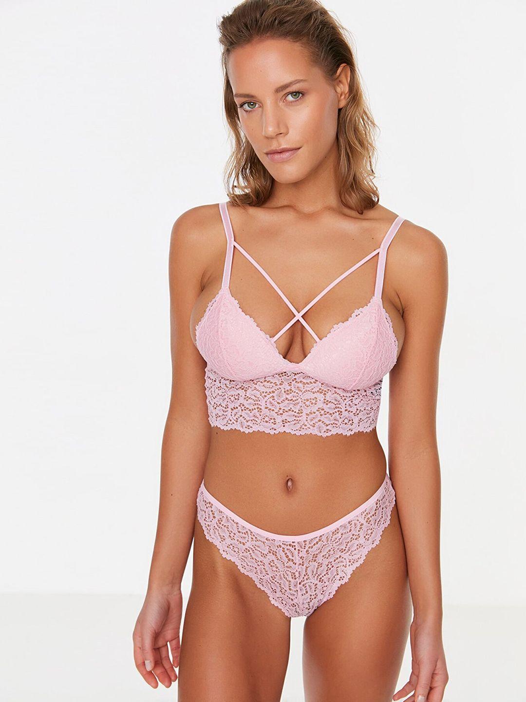 trendyol women pink solid bikini set with lace detai