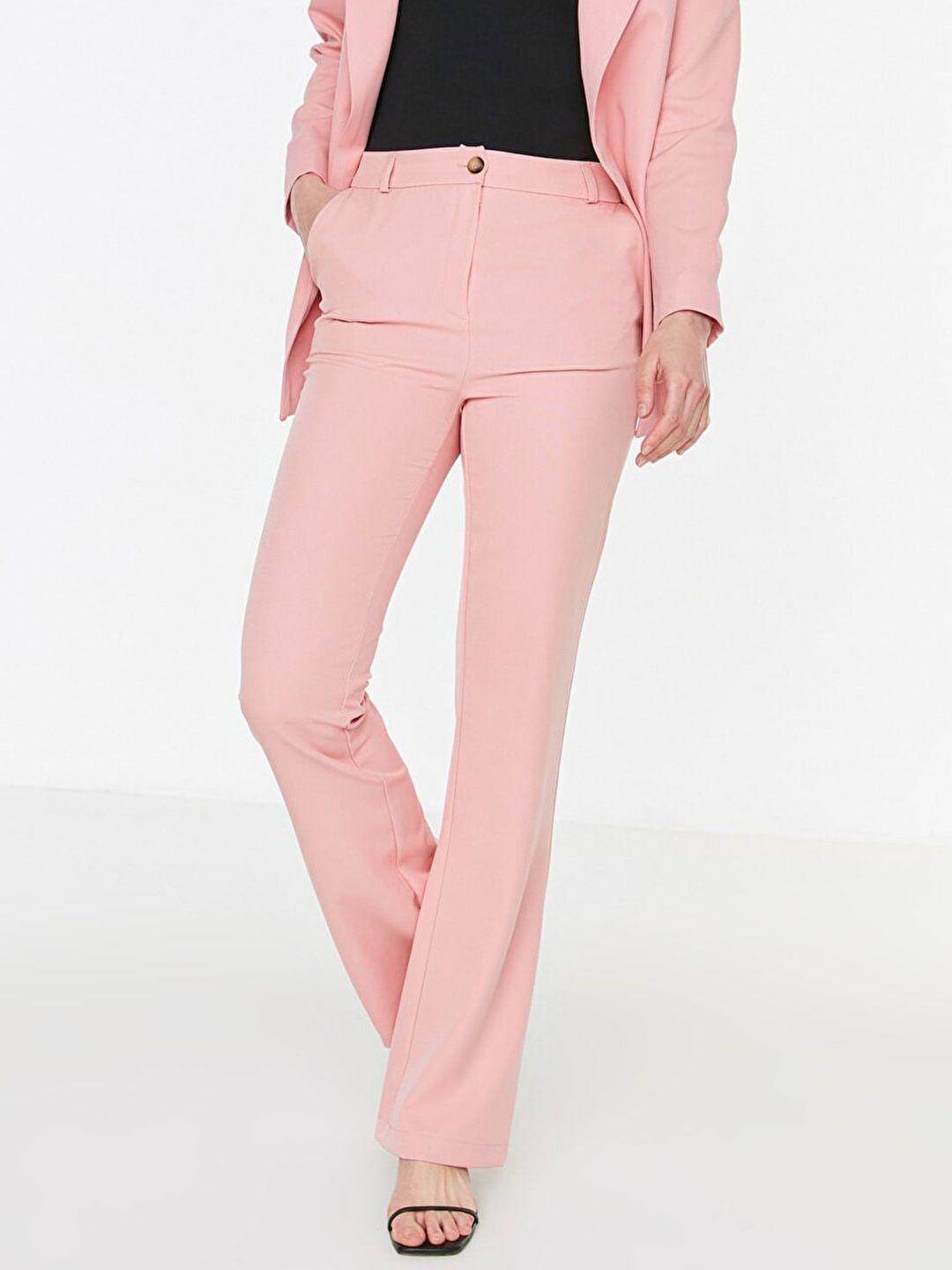 trendyol women pink solid flared fit wide leg high-rise trousers