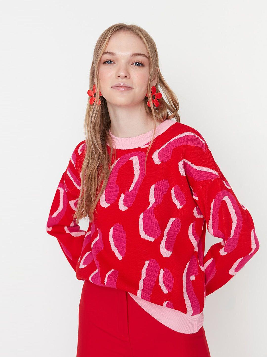 trendyol women red & pink printed pullover
